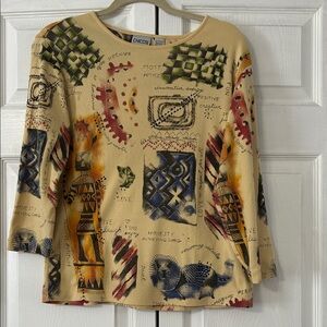 Chico's Beige Artistic Print 3/4  Sleeve Top